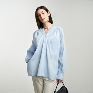 女棉混纺面料上衣白衬衫 V领衬衫 廓形设计感 ROC春夏新款 LIAC