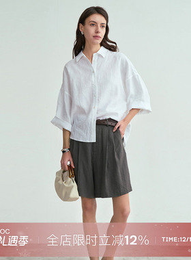 LIAC ROC 25春夏新品亚麻简约基础中袖衬衫白色宽松落肩慵懒上衣