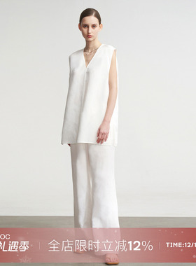 LIAC ROC夏季亚麻V领无袖莱赛尔上衣中长套衫白色阔腿裤优雅套装