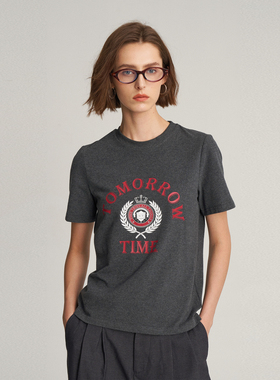 LIAC ROC 秋季新款女灰色短袖印花T恤英伦风针织上衣