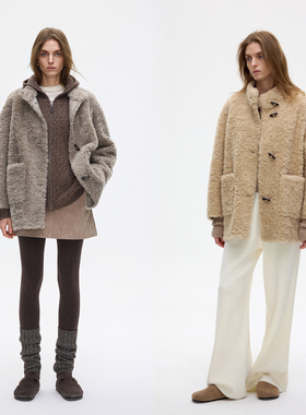 LIAC ROC100%羊毛圈圈毛皮毛一体外套女2025冬季新品牛角扣大衣