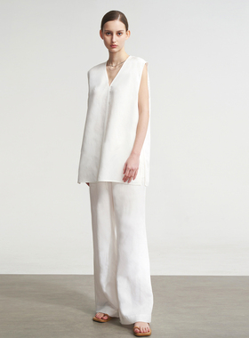 LIAC ROC夏季亚麻V领无袖莱赛尔上衣中长套衫白色阔腿裤优雅套装
