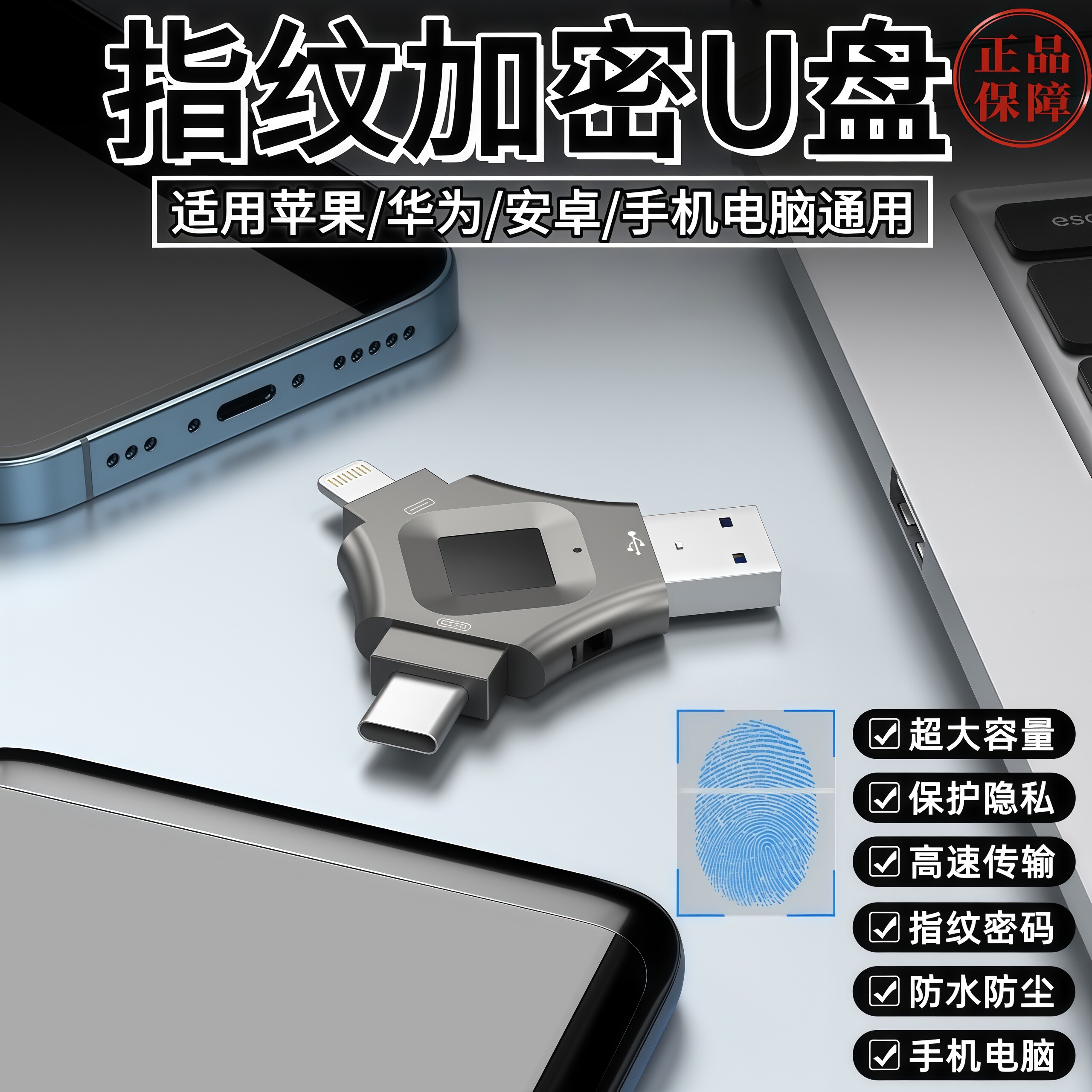 商务指纹加密U盘大容量防泄密数据安全适用苹果华为手机电脑优盘
