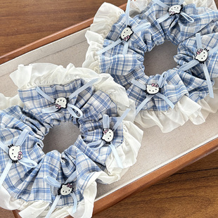 新款 春季 蓝色格纹蕾丝边kt大肠发圈甜美气质少女心马尾头圈发饰