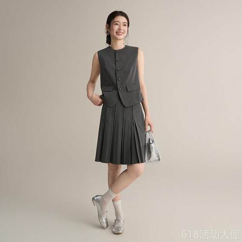 limoonli 知识分子风格蕾系灰色百褶裙半身裙中裙A字裙小个子通勤