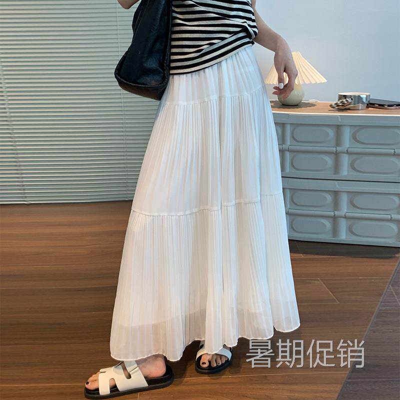 白色雪纺半身裙女中长版2025夏新款A字伞裙大摆裙垂感百褶长裙子