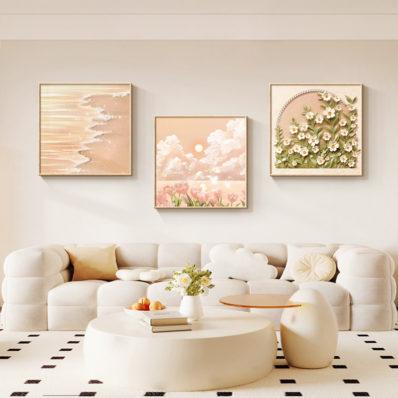 奶油风海景日出客厅装饰画花卉肌理感沙发背景墙挂画原木风餐厅画