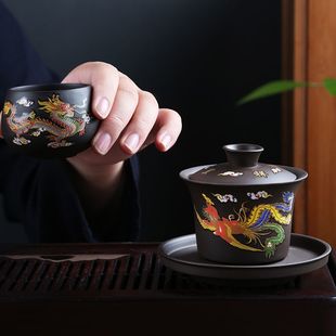 遇热变色盖碗三才盖碗功夫茶具家用茶碗紫砂碗泡茶大陶瓷盖碗套装