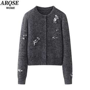 艾诺丝旺京官方旗舰店2025冬手工钉珠亮片针织衫开衫毛衣外套4113