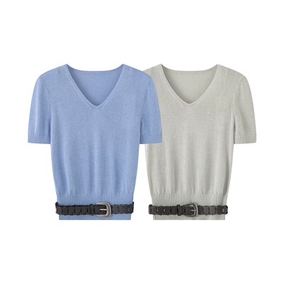 艾诺丝旺京2026春季新款V领短袖休闲针织衫女薄款上衣3111