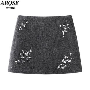艾诺丝旺京官方旗舰店2025冬季新包臀裙灰色短裙亮片半身裙女4109