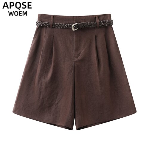 艾诺丝旺京2026夏季新款高腰系带短裤女棕色休闲裤百搭裤子2108