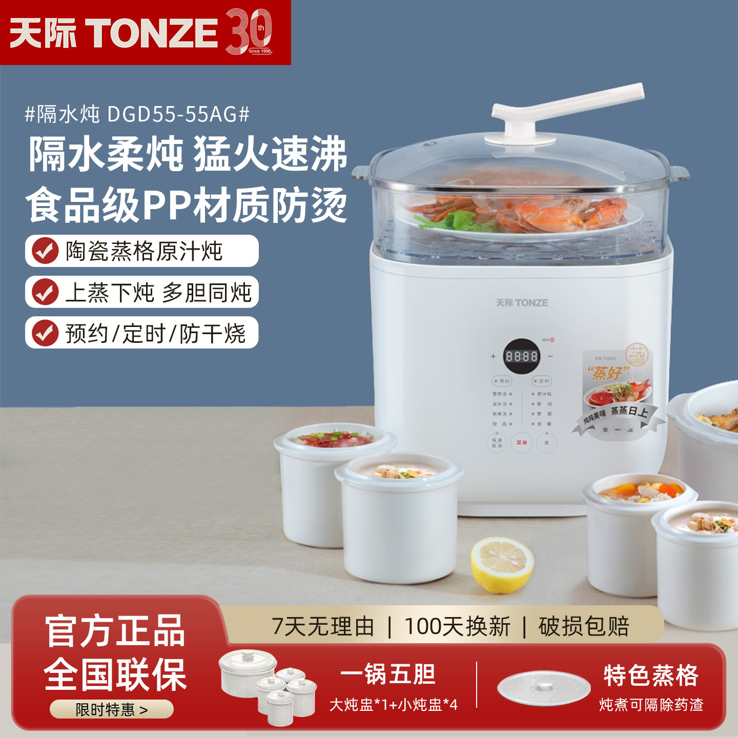 天际电炖锅5.5L隔水炖煮粥煲汤预约定时陶瓷养生锅宝宝辅食电炖盅