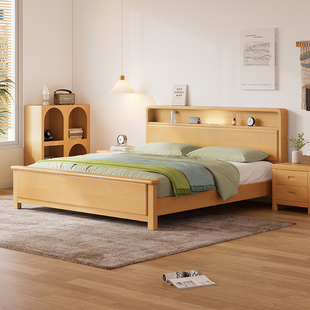 全实木榉木带灯纯北欧原木风1米5双人儿童房18小户型主卧室大婚床