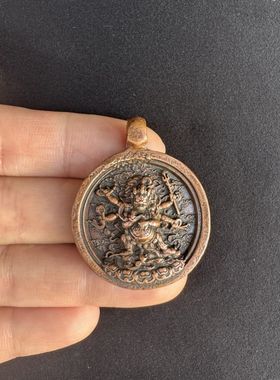 紫铜复古西藏圆形佛牌藏式红铜六臂玛哈嘎拉佛像随身挂件配饰吊坠