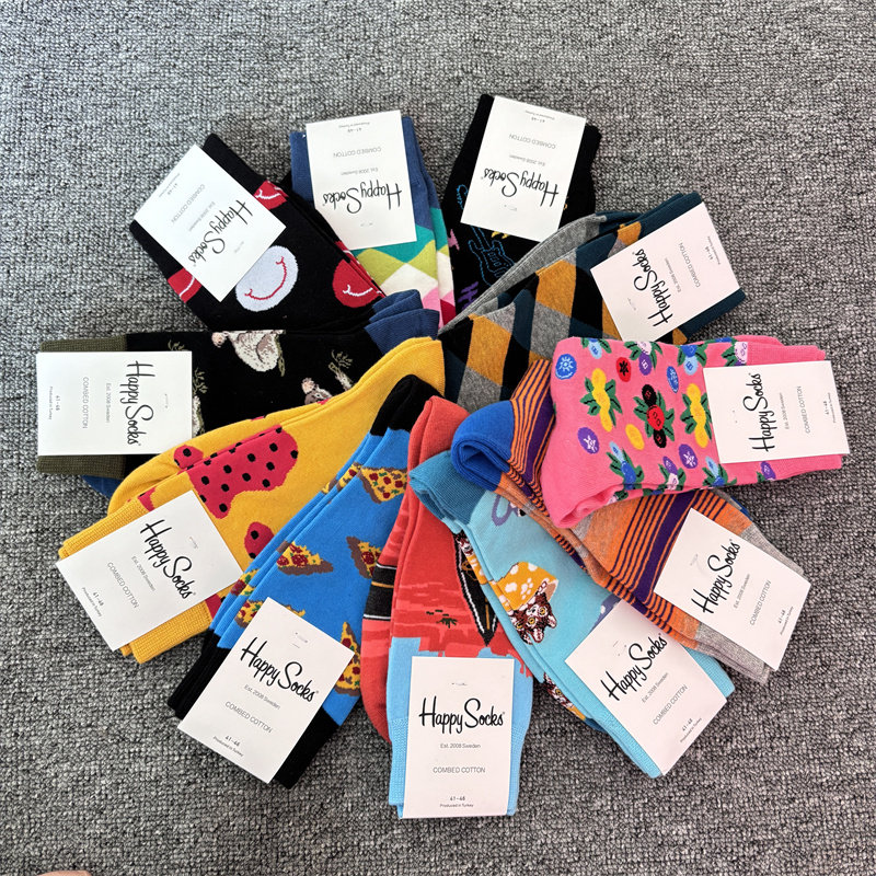 嗨皮happy socks卡通高筒袜男袜潮牌超多图案百搭撞色ins风袜子JK