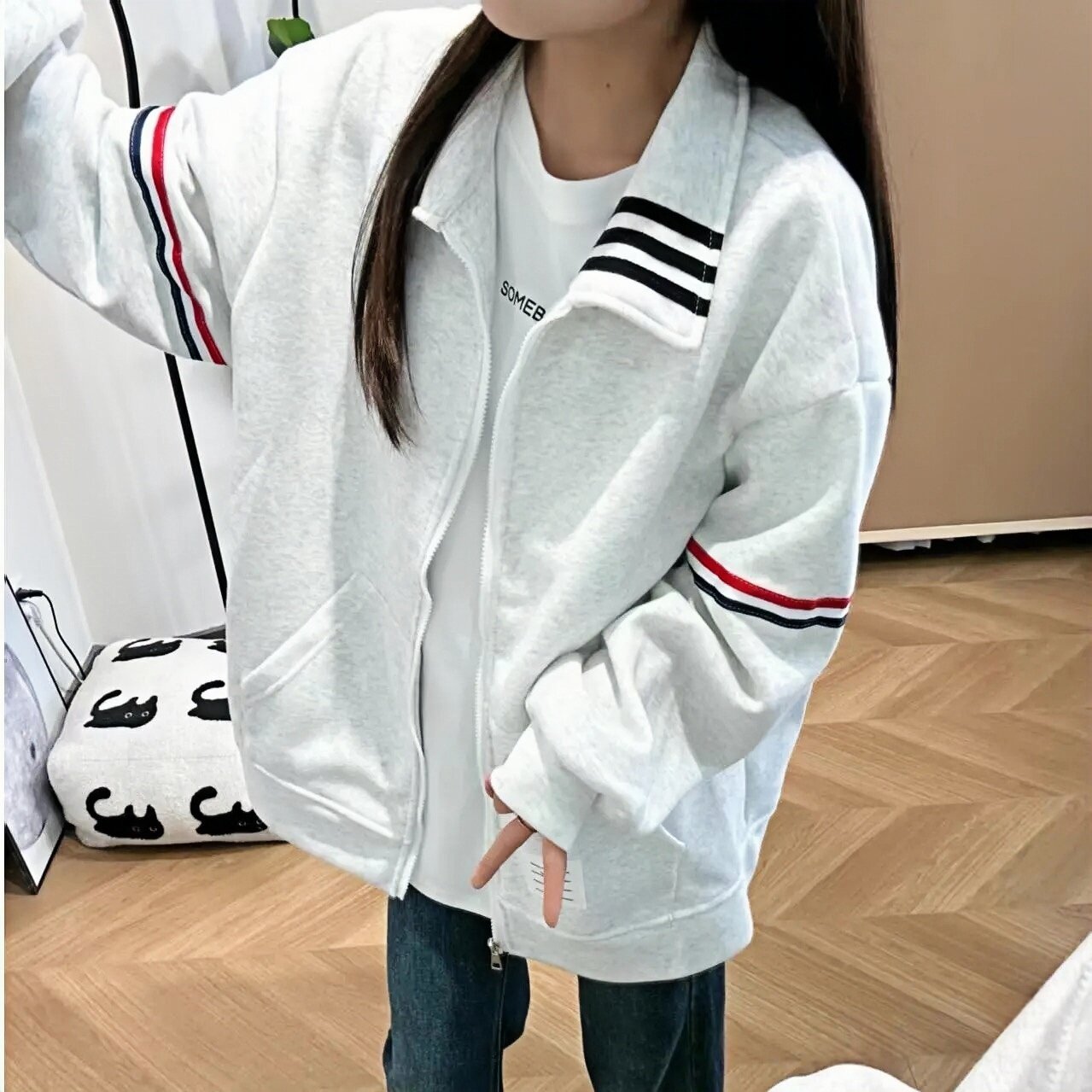 复古三条杠连帽卫衣女2025新秋冬宽松慵懒风加绒加厚气质外套上衣