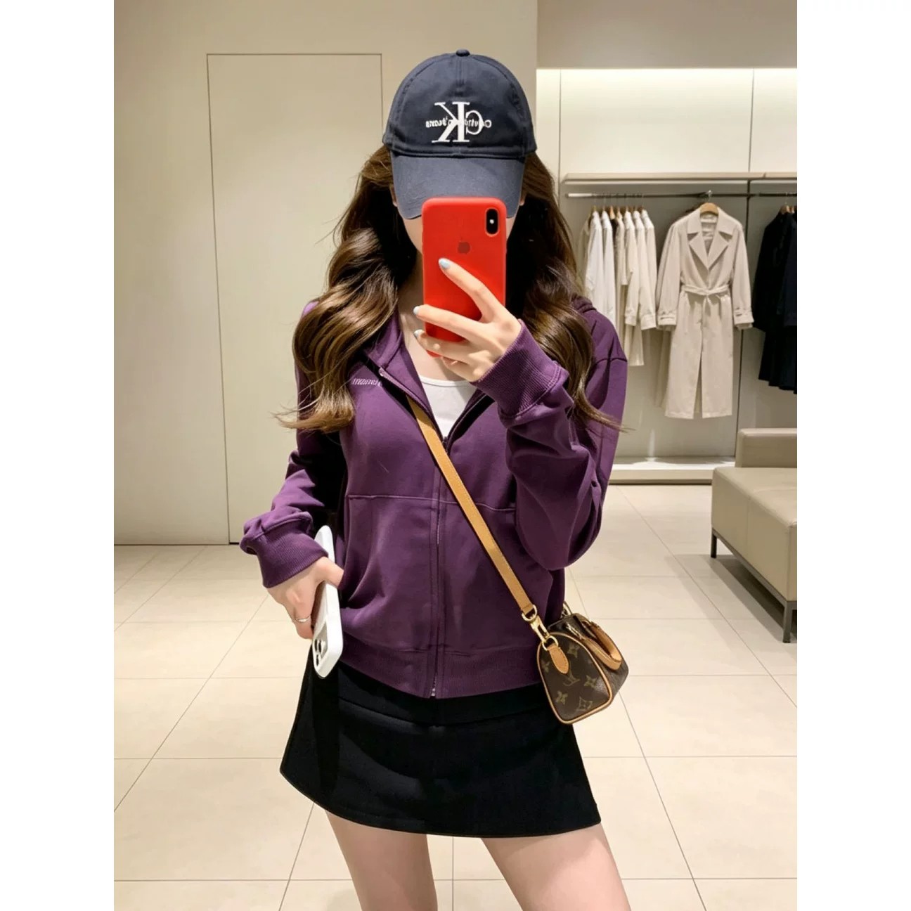 美式拼接紫色连帽开衫拉链卫衣女秋季宽松显瘦设计感百搭薄款外套