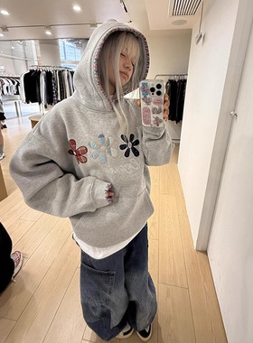 潮流复古气质帽衫刺绣花朵卫衣女秋冬加绒重磅灰色情侣装连帽外套
