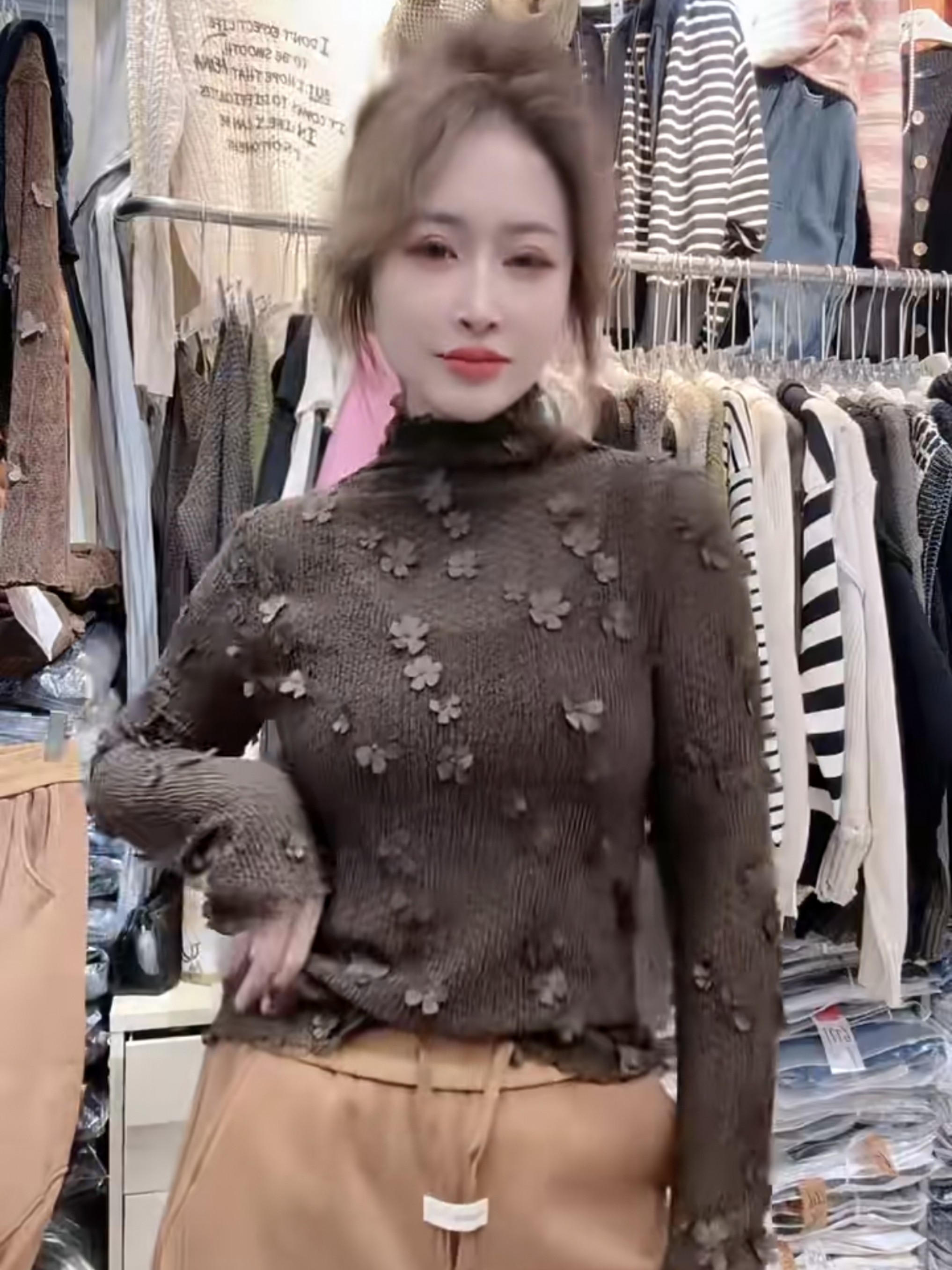 立体花朵高领蕾丝衫女秋冬时尚长袖修身显瘦高级感百搭打底上衣潮