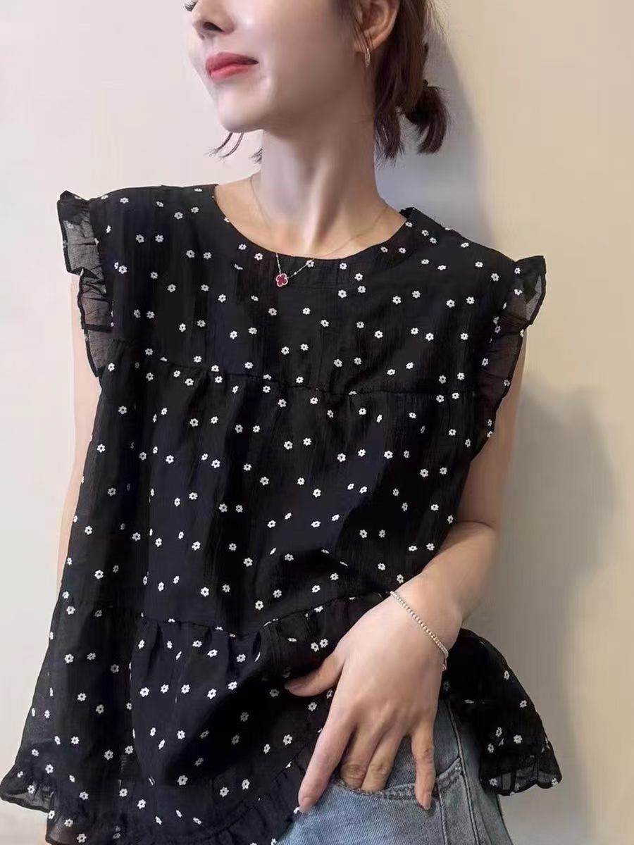 黑色小碎花雪纺衫女小飞袖2026初夏圆领木耳边宽松减龄娃娃衫上衣
