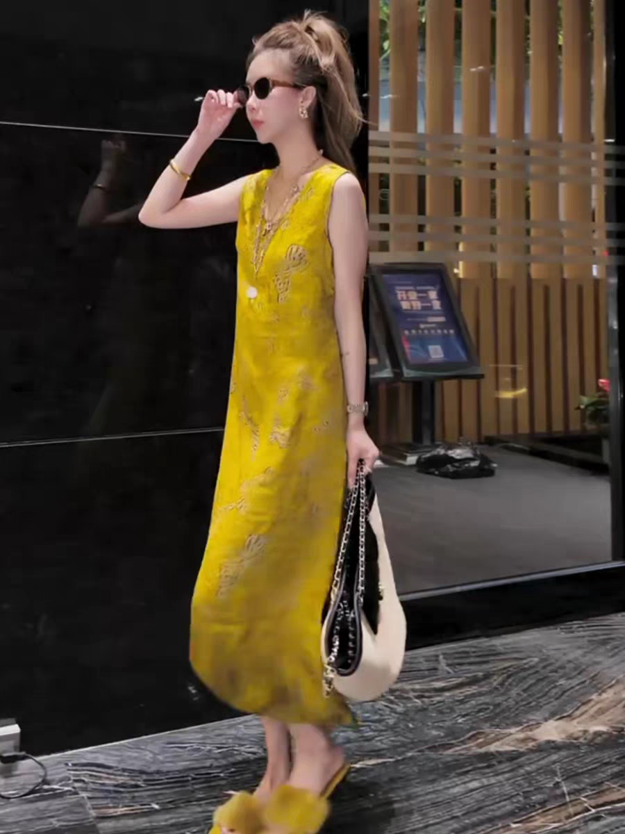 优雅蕾丝美背无袖醋酸提花连衣裙女夏薄款V领显瘦长裙轻奢垂感裙