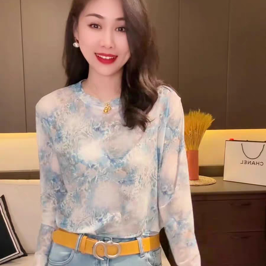 蓝色扎染印花碎花网纱长袖T恤女夏2025新款薄款宽松罩衫防晒上衣