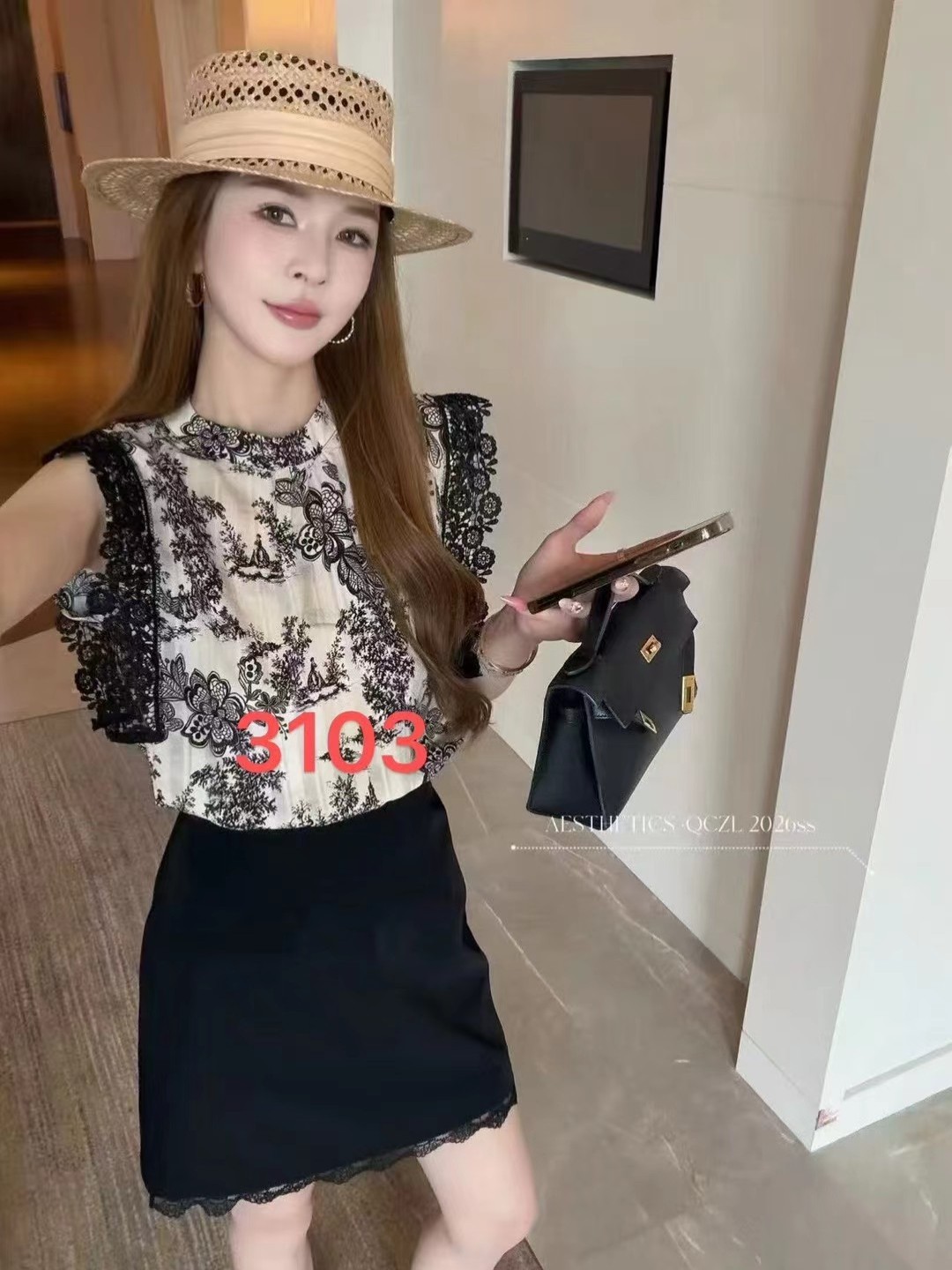 2026夏款新品女装法式气质蕾丝小飞袖拼接水墨印花衬衫+半身短裙