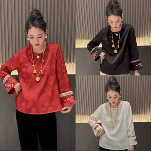 女上衣 重工锦鲤刺绣提花国风宽松衬衫 2026时尚 复古新年战服新中式