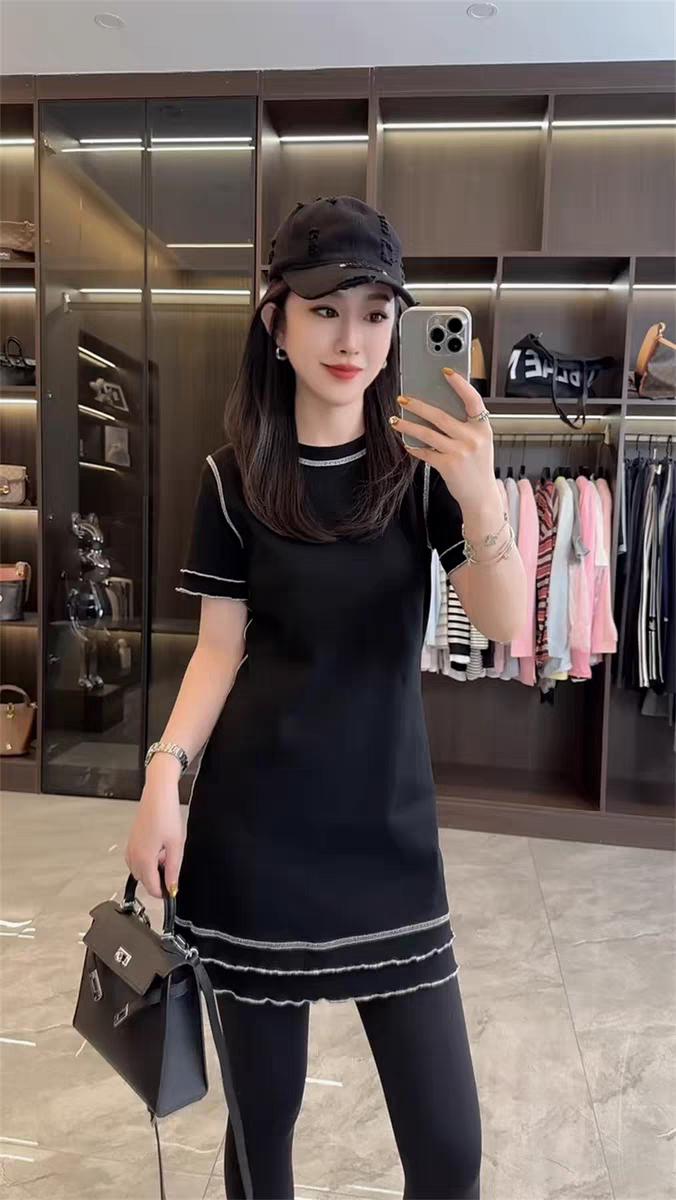 韩版修身半袖百搭打底衫女圆领明线设计中长款遮臀t恤气质短裙潮