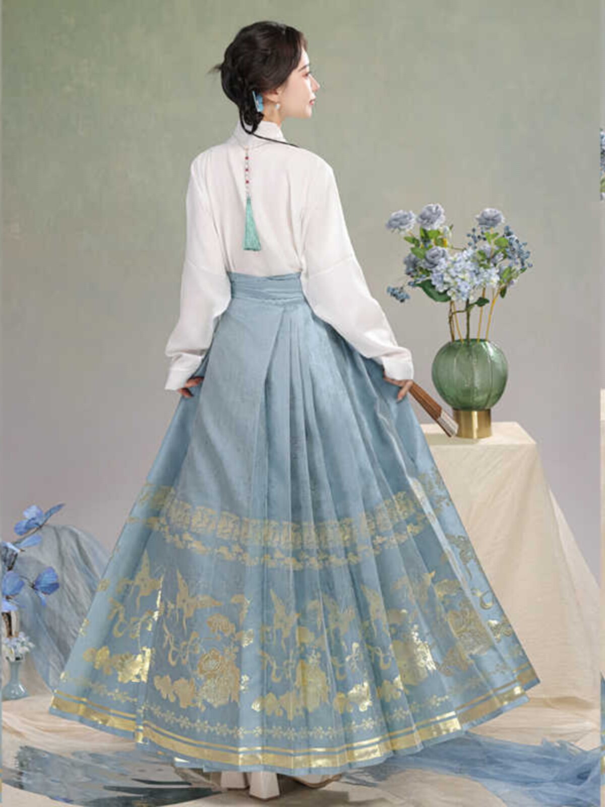 새로운 WUDIE 원래 명나라 HANFU 여성의 국가 스타일 개선 된 새로운 중국 스타일 금 직조 말 얼굴 스커트 데일리 스커트 정장