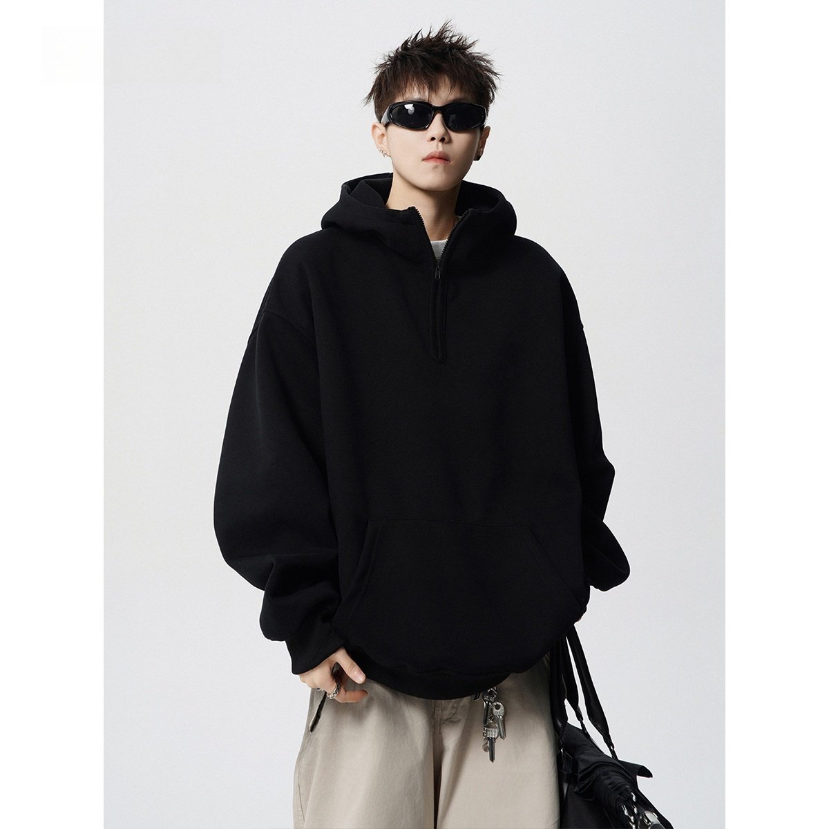 重磅刺绣连帽卫衣男秋季美式复古高领半拉链帽衫潮牌情侣休闲外套