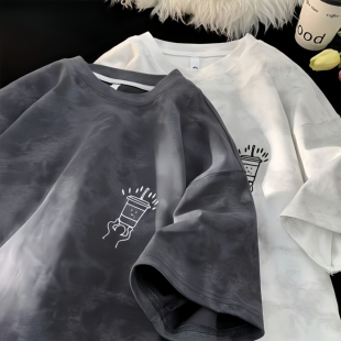 扎染刺绣脏脏短袖t恤男夏季潮牌美式衣服宽松青少年潮流半袖体恤