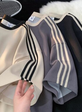 华夫格t恤男夏季2024新款美式潮牌短袖体恤宽松休闲情侣半袖上衣