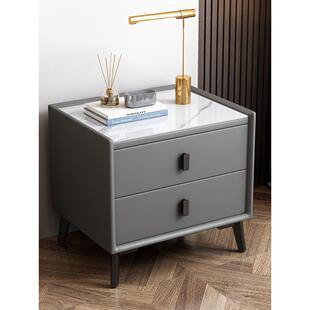 轻奢岩板床头柜皮艺家用简约现代窄边全实木卧室储物柜置物架柜子