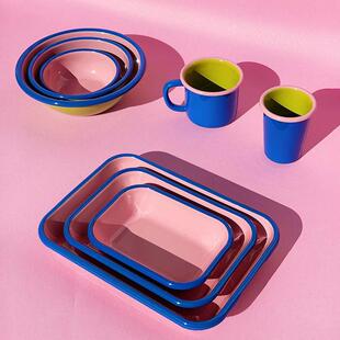 土耳其Bornn撞色搪瓷餐具盘子碗早餐盘手工珐瑯长方形托 托盘 燕