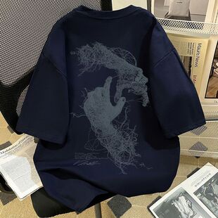 KONZEN夏季重磅纯棉美式高街设计线条手掌情侣圆领宽松短袖男T恤