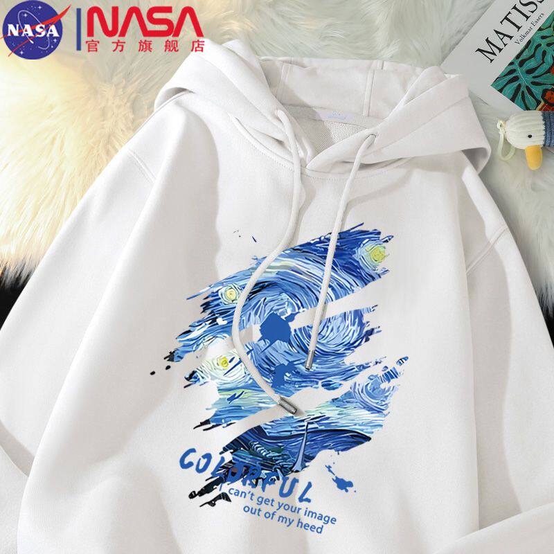 NASA梵高油画连帽卫衣男女2024秋冬潮牌宽松大码简约百搭情侣上衣
