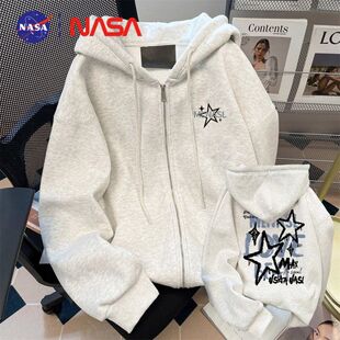 美式白灰色重磅连帽开衫卫衣男款秋冬季加绒高级感美式拉链外套