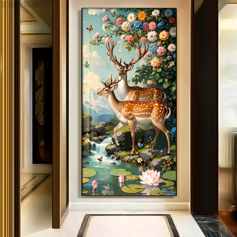 精美鹿玄关装饰画烤瓷油画款中式欧式带框会所客厅别墅艺术玄关画图片