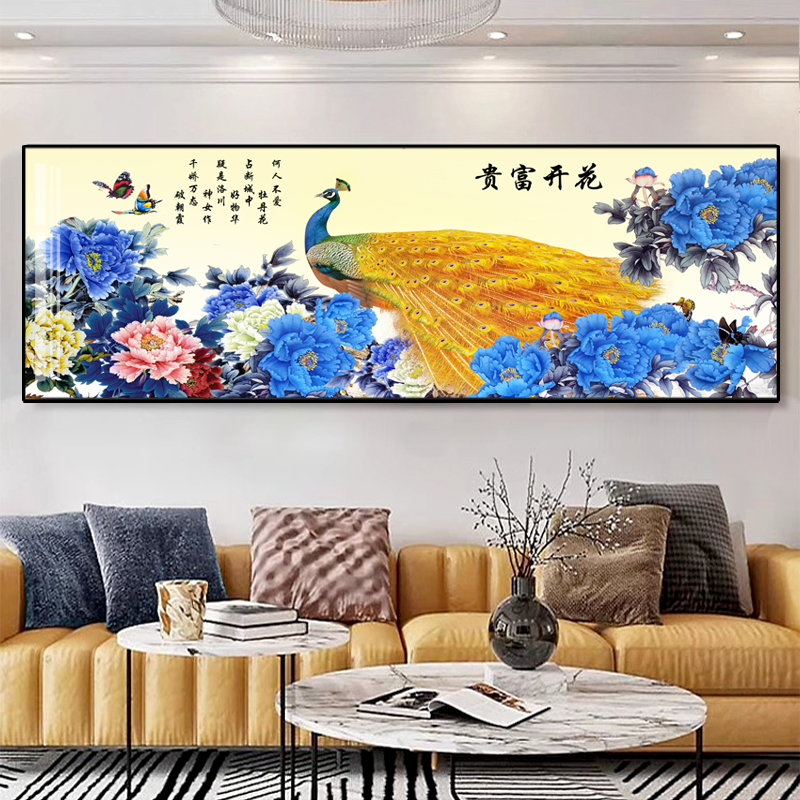 孔雀家和艺术画油画客厅沙发背景墙金属框会所别墅晶瓷画浮雕挂画图片