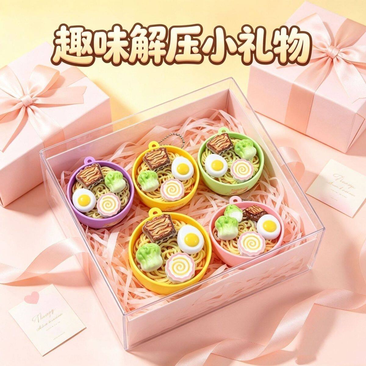 日式迷你拉面解压按键钥匙扣 仿真食物旋转按钮 包包挂件