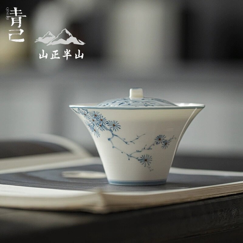 轻奢薄胎玉泥白瓷手绘盖碗文人器陶瓷泡茶碗釉下彩苍松点金敬茶碗