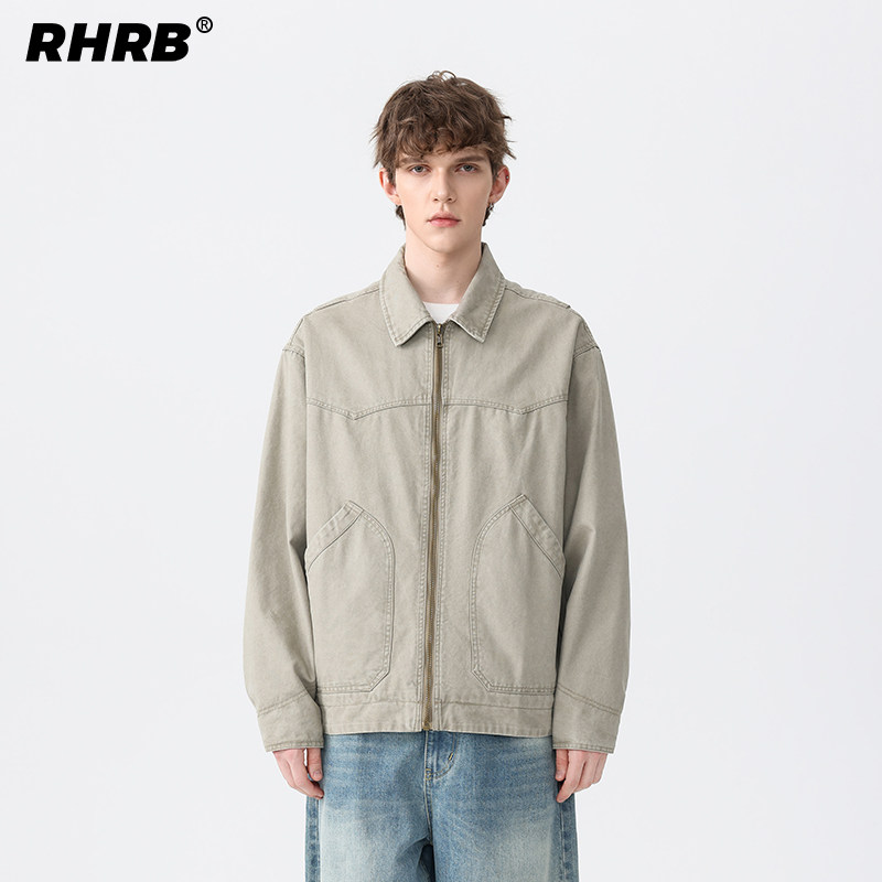 RHRB男士工装外套男春夏款高级感宽松型美式复古休闲翻领夹克夏季