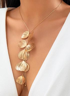 Ginkgo leaf necklace tassel necklace pull collar夸张项链