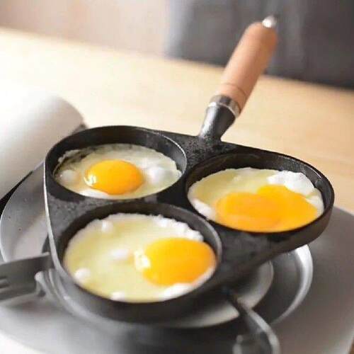 Cast Iron Burger Skillet with Wooden Handle 3 Holes Egg