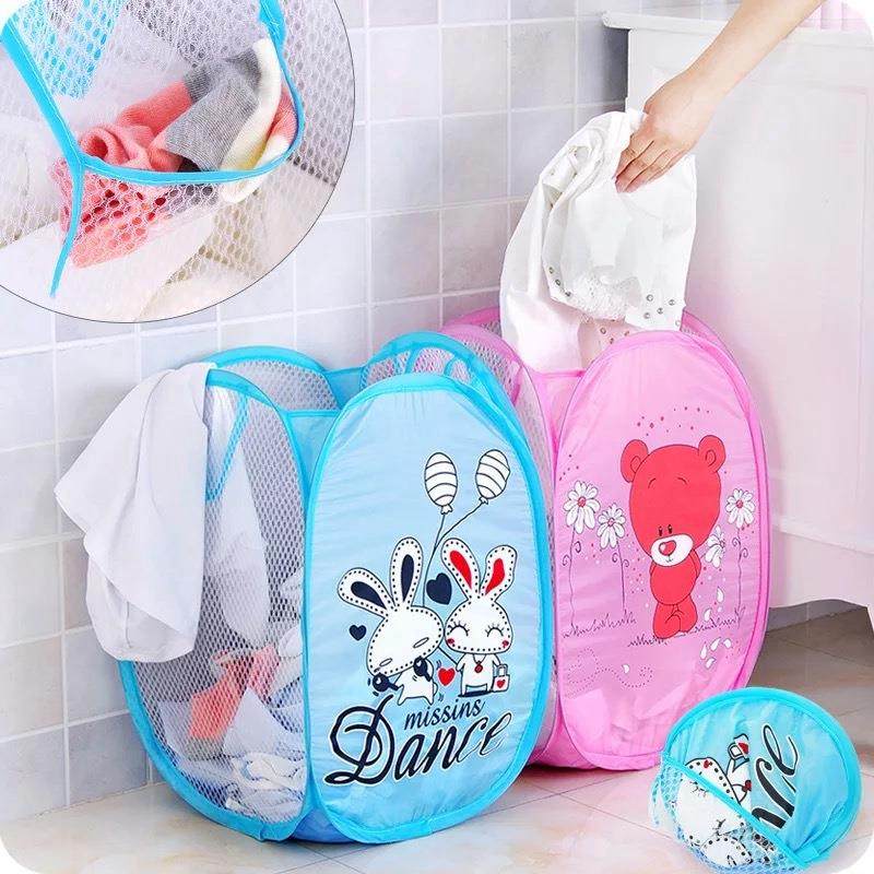 Folding Laundry Basket Hamper Cartoon Pop Up Open Mesh Laund