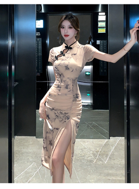 Meliss Lazy高级感民族风款少女烫金网纱改良版旗袍超修身连衣裙