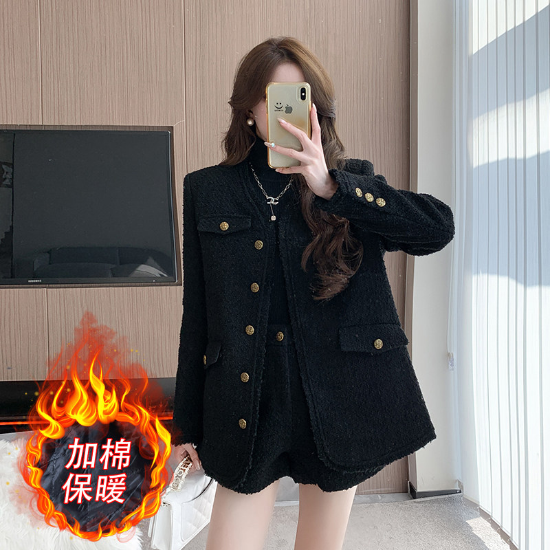 实拍秋冬新款复古高级感显瘦小香风外套短裤套装两件套
