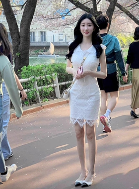 Meliss Lazy夏季高级感法式气质蕾丝包臀小个子显瘦白色连衣裙